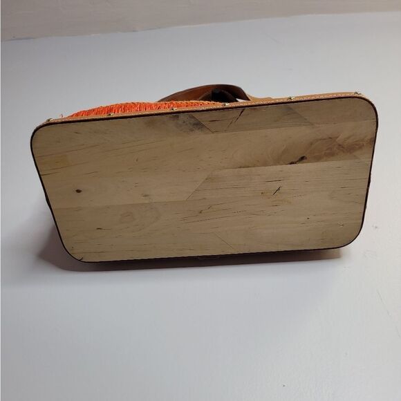 KATE SPADE orange sherbet leather trim raffia wood bottom shoulder bag purse - Picture 8 of 15